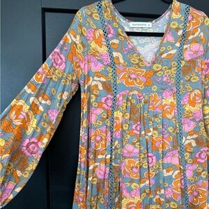 Floral Long Sleeve Dress in Blue and Orange